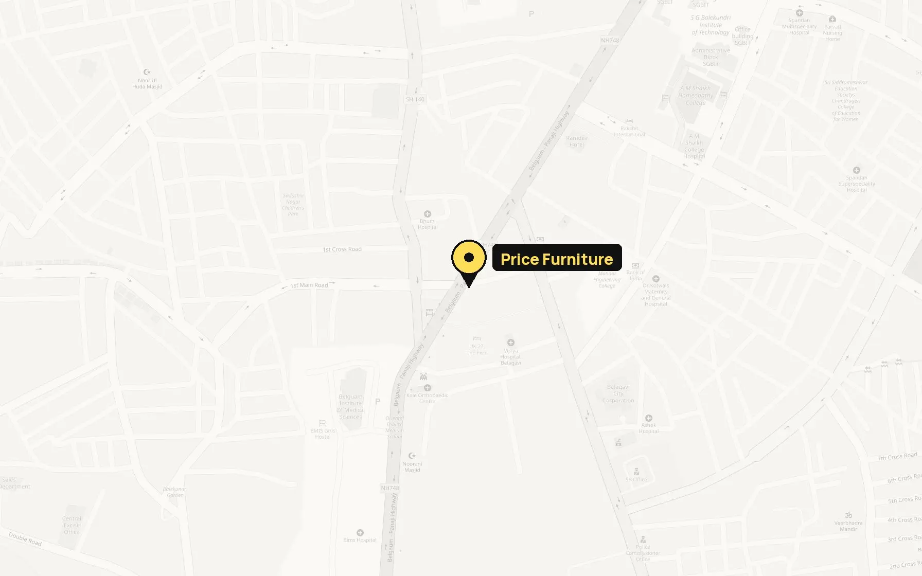 Map of Civil Hospital Road, Belagavi, with Price Furniture marked near Hotel UK27 and opposite the Bata store